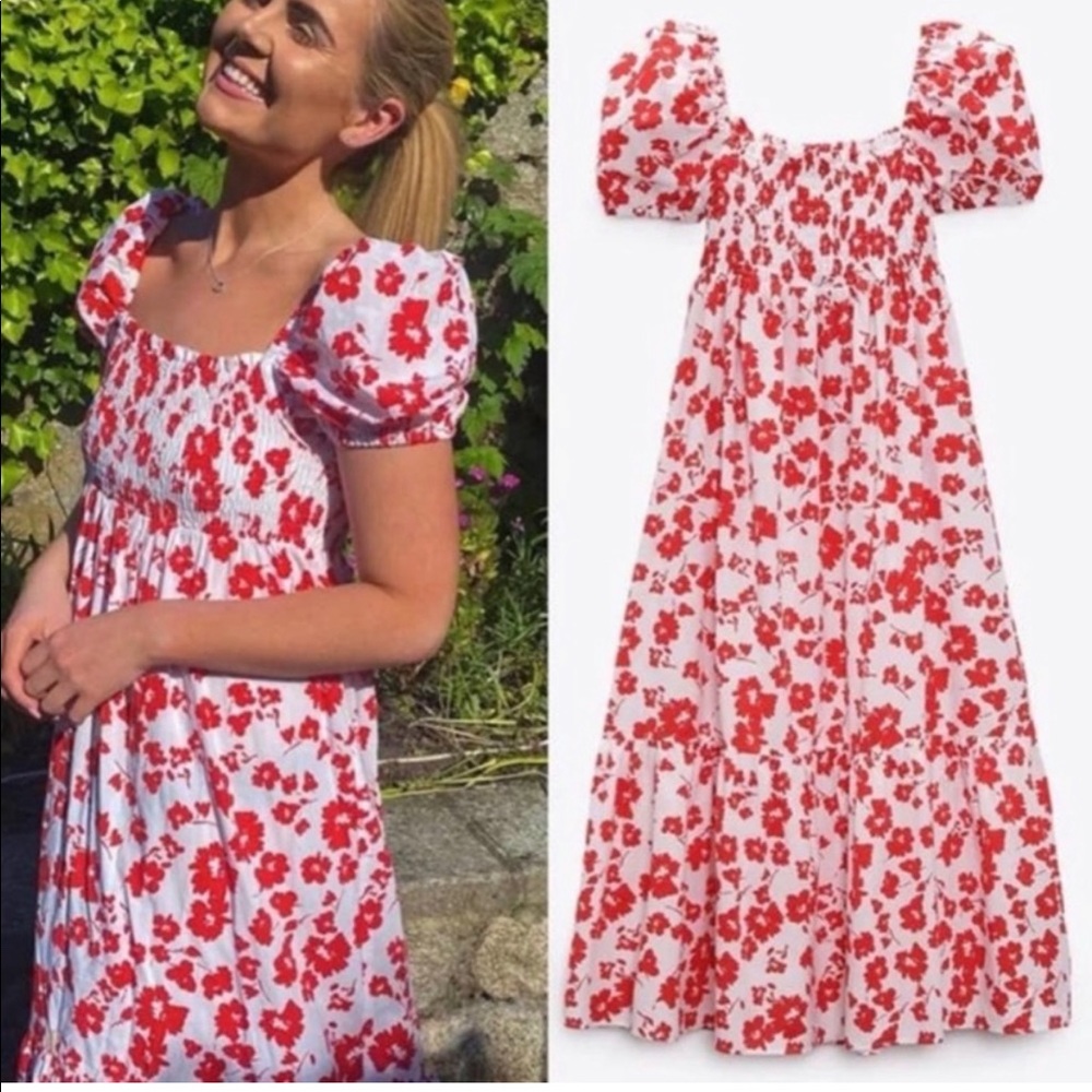 Zara red and white poplin dress